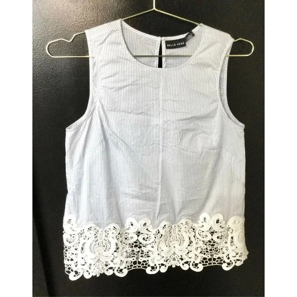 Belle Vere Womens Blue Ivory Striped‎ Keyhole Lace Sleeveless Top Size Small